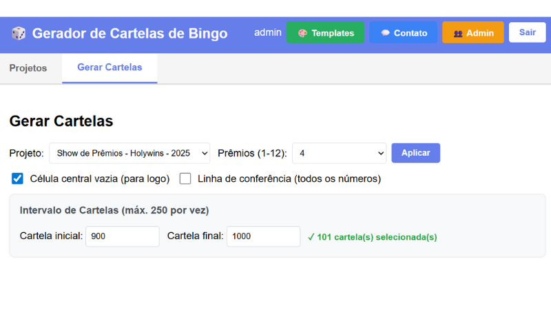 Configuração das cartelas